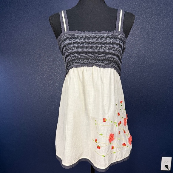 Twentyone Gray and Cream Smocked Camisole Top with Floral Embroidery, Size Med - Picture 1 of 8